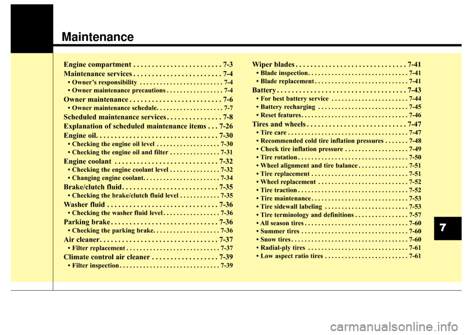 Hyundai Elantra 2015  Owners Manual Maintenance
Engine compartment . . . . . . . . . . . . . . . . . . . . . . . . 7-3
Maintenance services . . . . . . . . . . . . . . . . . . . . . . . . 7-4
• Owner’s responsibility . . . . . . . .