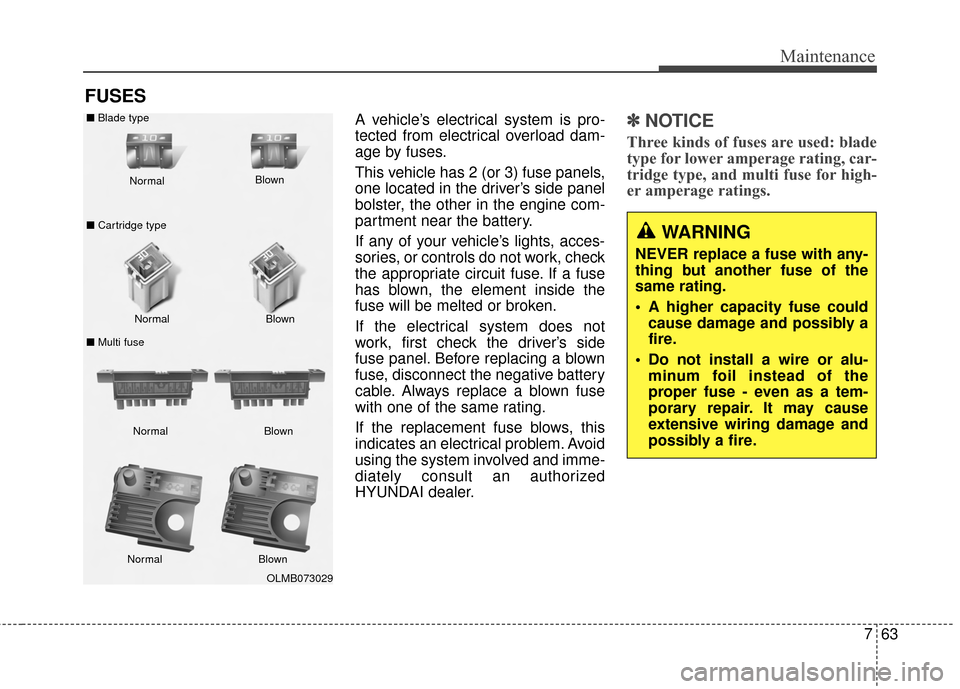 Hyundai Elantra 2015  Owners Manual 763
Maintenance
FUSES
A vehicle’s electrical system is pro-
tected from electrical overload dam-
age by fuses.
This vehicle has 2 (or 3) fuse panels,
one located in the driver’s side panel
bolster