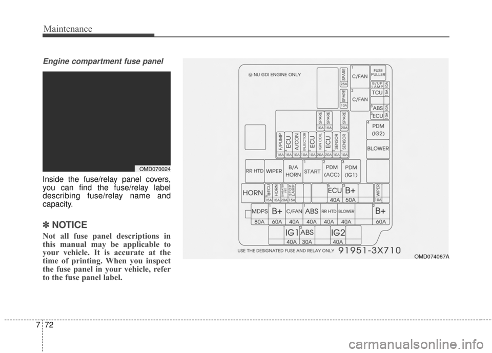 Hyundai Elantra 2015 Owners Manual Maintenance
72
7
Engine compartment fuse panel
Inside the fuse/relay panel covers,
you can find the fuse/relay label
describing fuse/relay name and
capacity.
✽ ✽
NOTICE
Not all fuse panel descrip Hyundai Elantra 2015 Owners Manual Maintenance
72
7
Engine compartment fuse panel
Inside the fuse/relay panel covers,
you can find the fuse/relay label
describing fuse/relay name and
capacity.
✽ ✽
NOTICE
Not all fuse panel descrip
