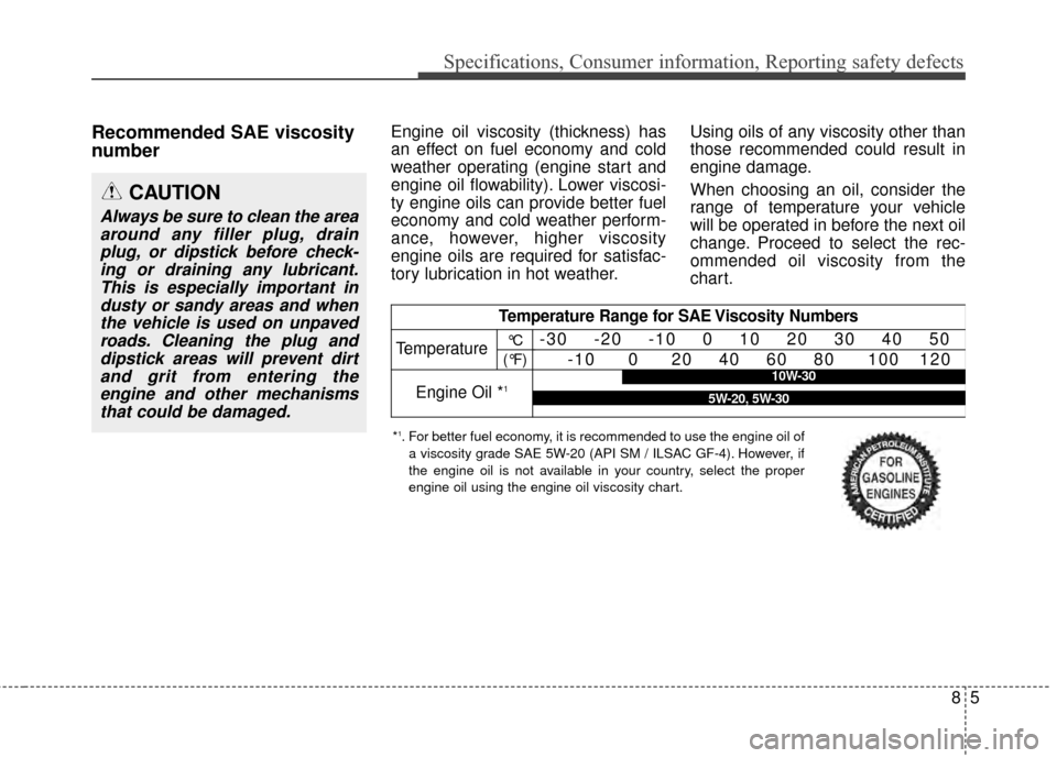 Hyundai Elantra 2015  Owners Manual 85
Specifications, Consumer information, Reporting safety defects
Recommended SAE viscosity
number Engine oil viscosity (thickness) has
an effect on fuel economy and cold
weather operating (engine sta