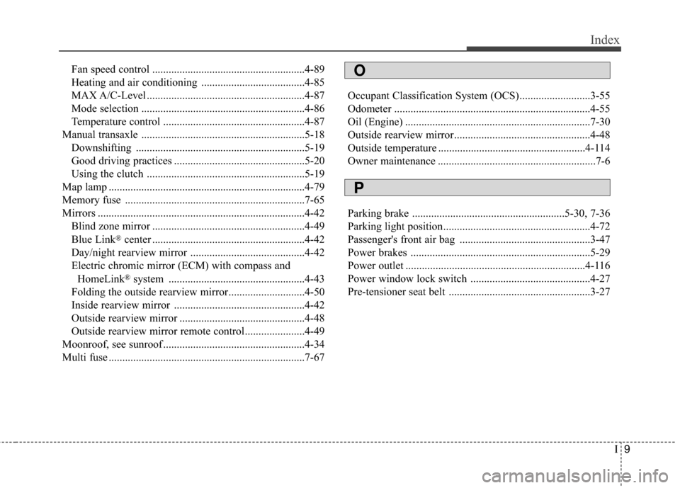 Hyundai Elantra 2015  Owners Manual I9
Index
Fan speed control ........................................................4-89
Heating and air conditioning ......................................4-85
MAX A/C-Level ..........................