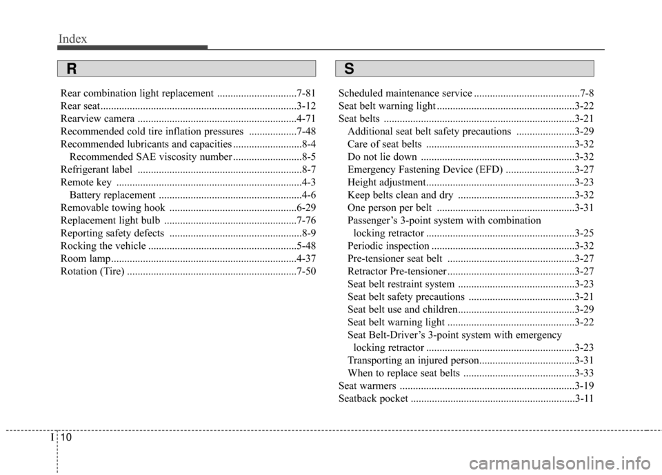 Hyundai Elantra 2015  Owners Manual Index
10I
Rear combination light replacement ..............................7-81
Rear seat........................................................................\
..3-12
Rearview camera ..............