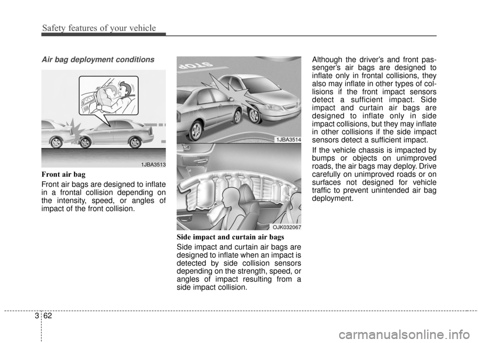 Hyundai Elantra 2015  Owners Manual Safety features of your vehicle
62
3
Air bag deployment conditions 
Front air bag 
Front air bags are designed to inflate
in a frontal collision depending on
the intensity, speed, or angles of
impact 