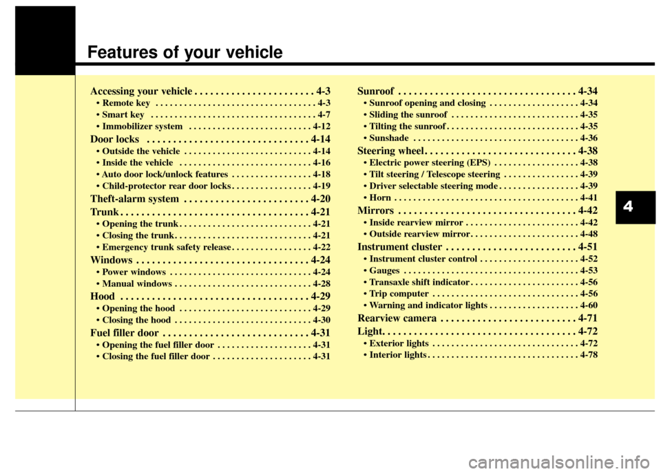 Hyundai Elantra 2015  Owners Manual Features of your vehicle
Accessing your vehicle . . . . . . . . . . . . . . . . . . . . . . . 4-3
• Remote key  . . . . . . . . . . . . . . . . . . . . . . . . . . . . . . . . . . 4-3
 . . . . . . .