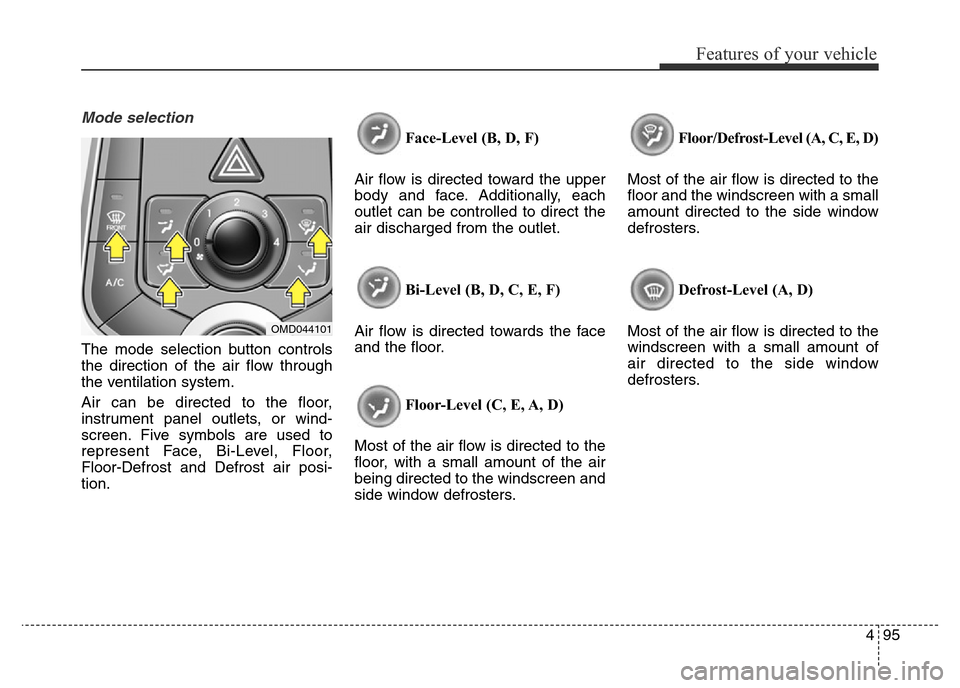 Hyundai Elantra 2015  Owners Manual - RHD (UK. Australia) 495
Features of your vehicle
Mode selection
The mode selection button controls
the direction of the air flow through
the ventilation system.
Air can be directed to the floor,
instrument panel outlets,