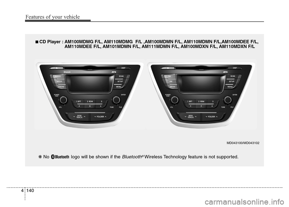 Hyundai Elantra 2015  Owners Manual - RHD (UK. Australia) ■ CD Player : AM100MDMG F/L, AM110MDMG  F/L ,AM100MDMN F/L, AM110MDMN F/L,AM100MDEE F/L,
AM110MDEE F/L, AM101MDMN F/L, AM111MDMN F/L, AM100MDXN F/L, AM110MDXN F/L
❋ No  logo will be shown if the 
