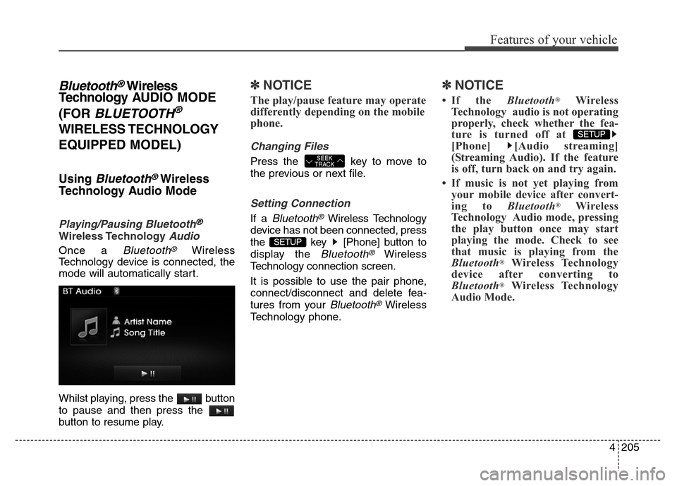 Hyundai Elantra 2015  Owners Manual - RHD (UK. Australia) 4205
Features of your vehicle
Bluetooth®Wireless
Technology AUDIO MODE
(FOR 
BLUETOOTH®
WIRELESS TECHNOLOGY
EQUIPPED MODEL)
Using Bluetooth®Wireless
Technology Audio Mode
Playing/Pausing Bluetooth