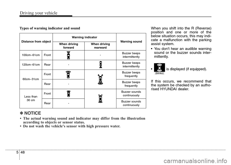 Hyundai Elantra 2015  Owners Manual - RHD (UK. Australia) Driving your vehicle
48 5
When you shift into the R (Reverse)
position and one or more of the
below situation occurs, this may indi-
cate a malfunction with the parking
assist system.
• You dont he