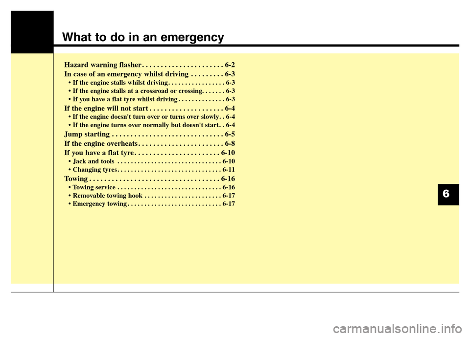 Hyundai Elantra 2015  Owners Manual - RHD (UK. Australia) What to do in an emergency
Hazard warning flasher . . . . . . . . . . . . . . . . . . . . . . 6-2
In case of an emergency whilst driving . . . . . . . . . 6-3 
• If the engine stalls whilst driving 