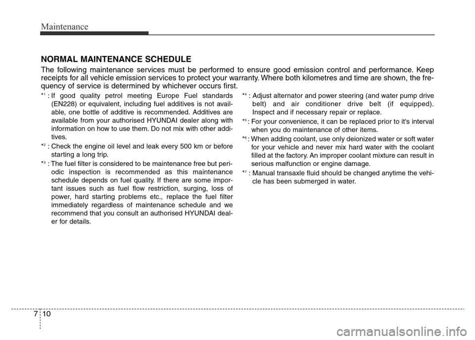 Hyundai Elantra 2015 Owners Manual - RHD (UK. Australia) Maintenance
10 7
NORMAL MAINTENANCE SCHEDULE
The following maintenance services must be performed to ensure good emission control and performance. Keep
receipts for all vehicle emission services to pr Hyundai Elantra 2015 Owners Manual - RHD (UK. Australia) Maintenance
10 7
NORMAL MAINTENANCE SCHEDULE
The following maintenance services must be performed to ensure good emission control and performance. Keep
receipts for all vehicle emission services to pr