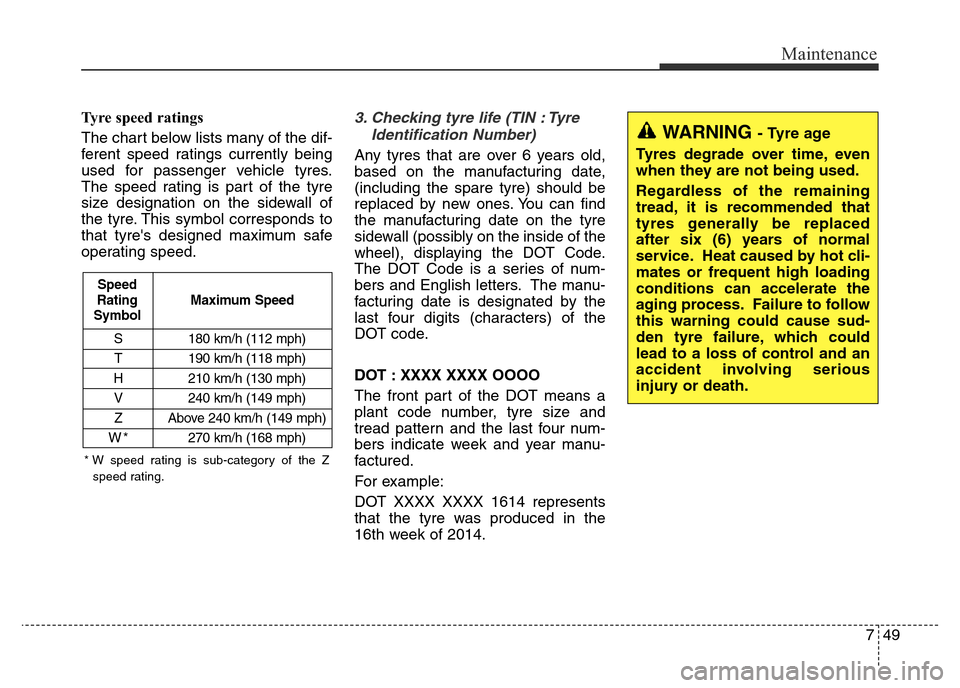 Hyundai Elantra 2015 Owners Manual - RHD (UK. Australia) 749
Maintenance
Tyre speed ratings
The chart below lists many of the dif-
ferent speed ratings currently being
used for passenger vehicle tyres.
The speed rating is part of the tyre
size designation Hyundai Elantra 2015 Owners Manual - RHD (UK. Australia) 749
Maintenance
Tyre speed ratings
The chart below lists many of the dif-
ferent speed ratings currently being
used for passenger vehicle tyres.
The speed rating is part of the tyre
size designation