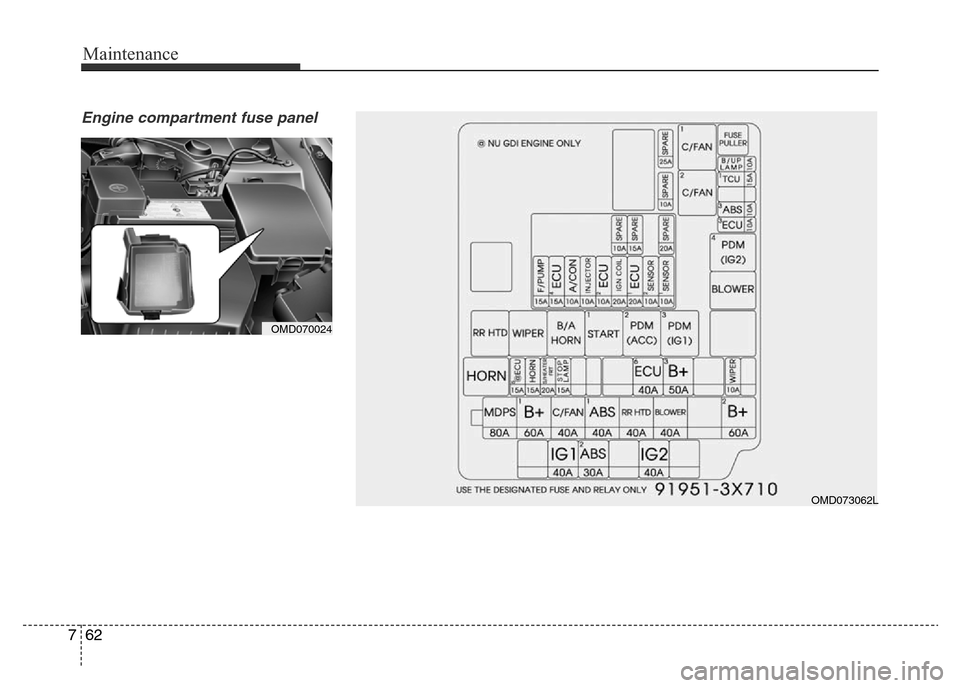 Hyundai Elantra 2015  Owners Manual - RHD (UK. Australia) Maintenance
62 7
Engine compartment fuse panel 
OMD070024
OMD073062L 