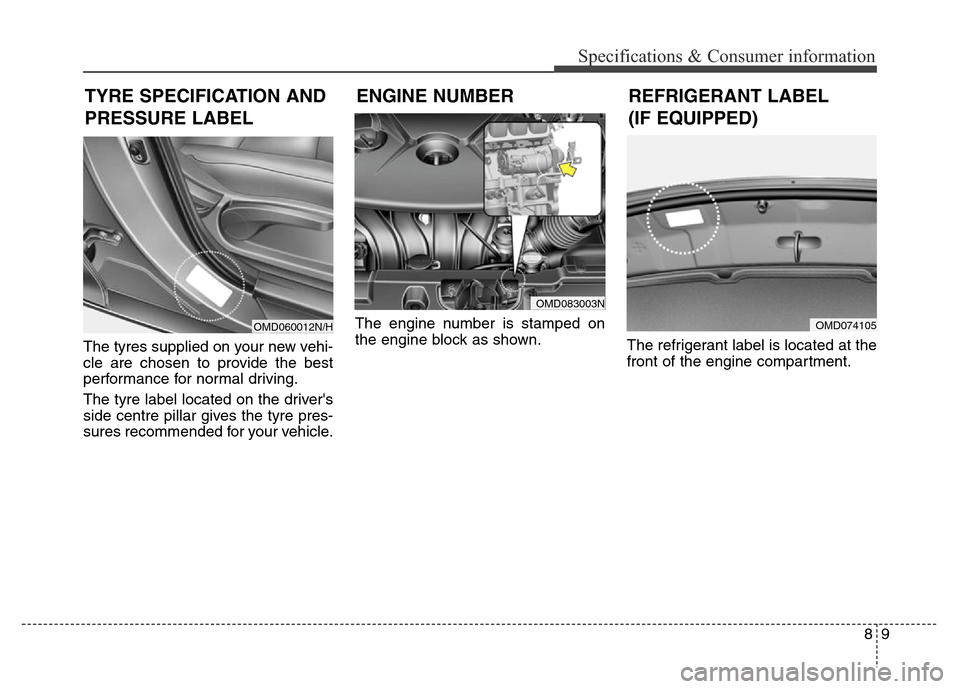 Hyundai Elantra 2015  Owners Manual - RHD (UK. Australia) 89
Specifications & Consumer information
The tyres supplied on your new vehi-
cle are chosen to provide the best
performance for normal driving.
The tyre label located on the drivers
side centre pill