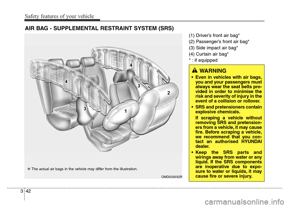 Hyundai Elantra 2015 - RHD (UK. Australia) Workshop Manual Safety features of your vehicle
42 3
(1) Driver’s front air bag*
(2) Passenger’s front air bag*
(3) Side impact air bag*
(4) Curtain air bag*
* : if equipped
AIR BAG - SUPPLEMENTAL RESTRAINT SYSTE Hyundai Elantra 2015 - RHD (UK. Australia) Workshop Manual Safety features of your vehicle
42 3
(1) Driver’s front air bag*
(2) Passenger’s front air bag*
(3) Side impact air bag*
(4) Curtain air bag*
* : if equipped
AIR BAG - SUPPLEMENTAL RESTRAINT SYSTE