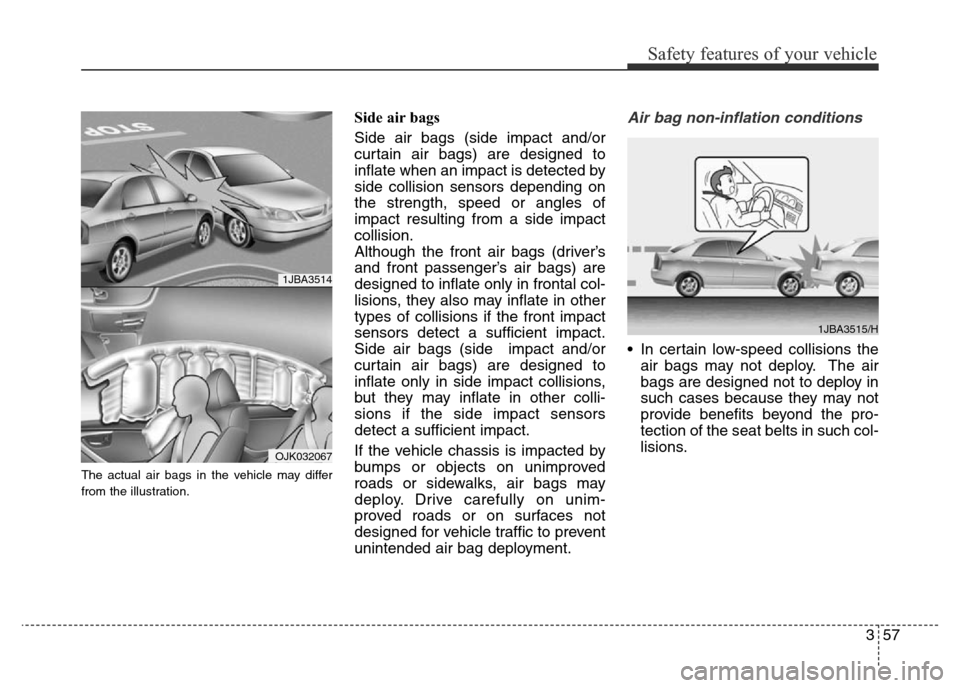 Hyundai Elantra 2015   - RHD (UK. Australia) Manual PDF 357
Safety features of your vehicle
The actual air bags in the vehicle may differ
from the illustration.
Side air bags 
Side air bags (side impact and/or
curtain air bags) are designed to
inflate when