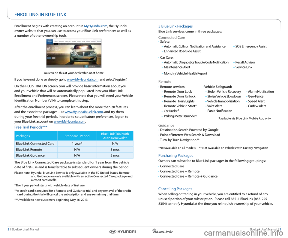Hyundai Elantra 2015 Blue Link Audio Manual Blue link User’s Manual i 3
2 i Blue link User’s Manual
enrollment begins with creating an account in MyHyundai.com, the Hyundai
owner website that you can use to access your Blue link pref Hyundai Elantra 2015 Blue Link Audio Manual Blue link User’s Manual i 3
2 i Blue link User’s Manual
enrollment begins with creating an account in MyHyundai.com, the Hyundai
owner website that you can use to access your Blue link pref
