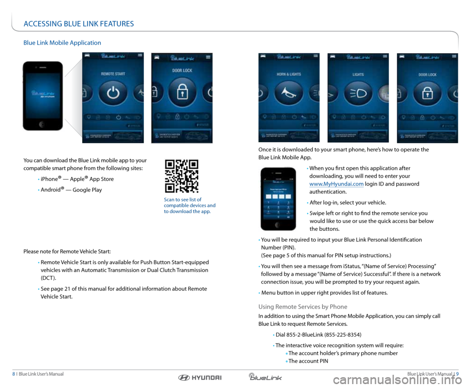 Hyundai Elantra 2015  Blue Link Audio Manual Blue link User’s Manual   i  9
8  i   Blue link User’s Manual
accessinG  BlUe link FeatUres
Blue link Mobile a pplication
 
you can download the Blue link mobile app to your   
compatible smart ph
