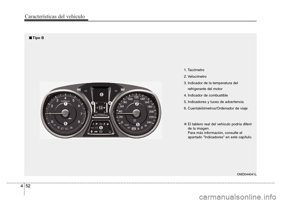 Hyundai Elantra 2015  Manual del propietario (i35) (in Spanish) Características del vehículo
52 4
1. Tacómetro
2. Velocímetro
3. Indicador de la temperatura del
refrigerante del motor
4. Indicador de combustible
5. Indicadores y luces de advertencia
6. Cuentak