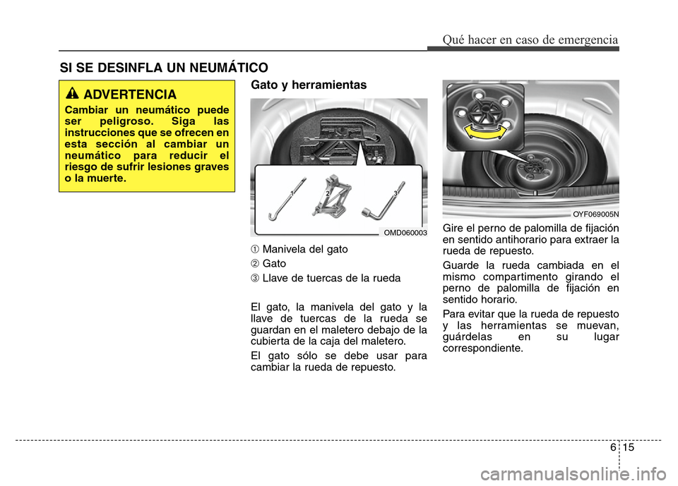 Hyundai Elantra 2015 Manual del propietario (i35) (in Spanish) 615
Qué hacer en caso de emergencia
Gato y herramientas
➀Manivela del gato
➁Gato
➂Llave de tuercas de la rueda
El gato, la manivela del gato y la
llave de tuercas de la rueda se
guardan en el m Hyundai Elantra 2015 Manual del propietario (i35) (in Spanish) 615
Qué hacer en caso de emergencia
Gato y herramientas
➀Manivela del gato
➁Gato
➂Llave de tuercas de la rueda
El gato, la manivela del gato y la
llave de tuercas de la rueda se
guardan en el m