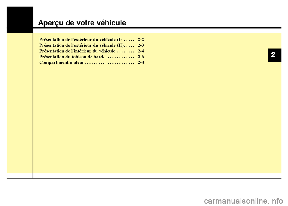 Hyundai Elantra 2015  Manuel du propriétaire (in French) Aperçu de votre véhicule
Présentation de lextérieur du véhicule (I) . . . . . . 2-2
Présentation de lextérieur du véhicule (II) . . . . . . 2-3
Présentation de lintérieur du véhicule . .
