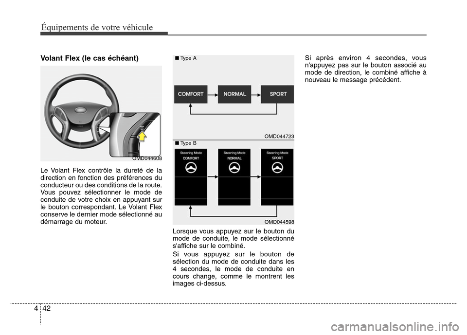 Hyundai Elantra 2015  Manuel du propriétaire (in French) 42 4
Équipements de votre véhicule
Volant Flex (le cas échéant)
Le Volant Flex contrôle la dureté de la
direction en fonction des préférences du
conducteur ou des conditions de la route.
Vous 