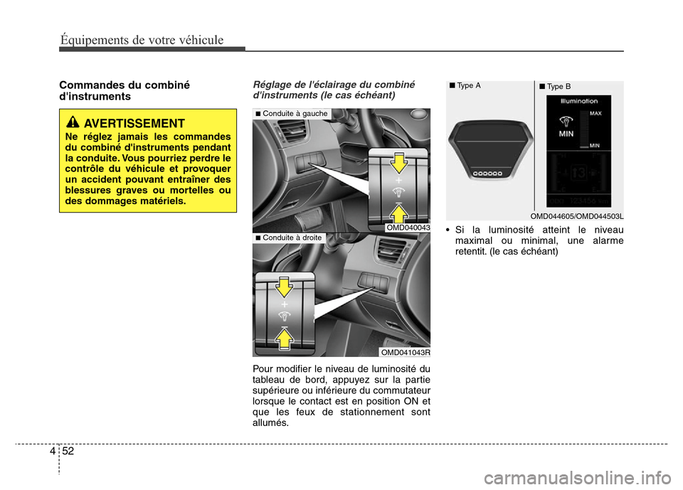 Hyundai Elantra 2015  Manuel du propriétaire (in French) 52 4
Équipements de votre véhicule
Commandes du combiné
dinstrumentsRéglage de léclairage du combiné
dinstruments (le cas échéant)
Pour modifier le niveau de luminosité du
tableau de bord,