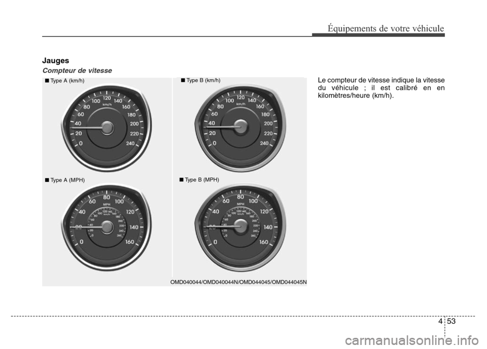 Hyundai Elantra 2015 Manuel du propriétaire (in French) 453
Équipements de votre véhicule
Jauges
Compteur de vitesse
Le compteur de vitesse indique la vitesse
du véhicule ; il est calibré en en
kilomètres/heure (km/h).
OMD040044/OMD040044N/OMD044045/O Hyundai Elantra 2015 Manuel du propriétaire (in French) 453
Équipements de votre véhicule
Jauges
Compteur de vitesse
Le compteur de vitesse indique la vitesse
du véhicule ; il est calibré en en
kilomètres/heure (km/h).
OMD040044/OMD040044N/OMD044045/O