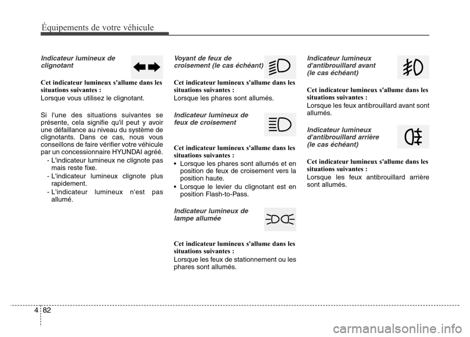 Hyundai Elantra 2015 Manuel du propriétaire (in French) 82 4
Équipements de votre véhicule
Indicateur lumineux de
clignotant
Cet indicateur lumineux sallume dans les
situations suivantes :
Lorsque vous utilisez le clignotant.
Si lune des situations sui Hyundai Elantra 2015 Manuel du propriétaire (in French) 82 4
Équipements de votre véhicule
Indicateur lumineux de
clignotant
Cet indicateur lumineux sallume dans les
situations suivantes :
Lorsque vous utilisez le clignotant.
Si lune des situations sui