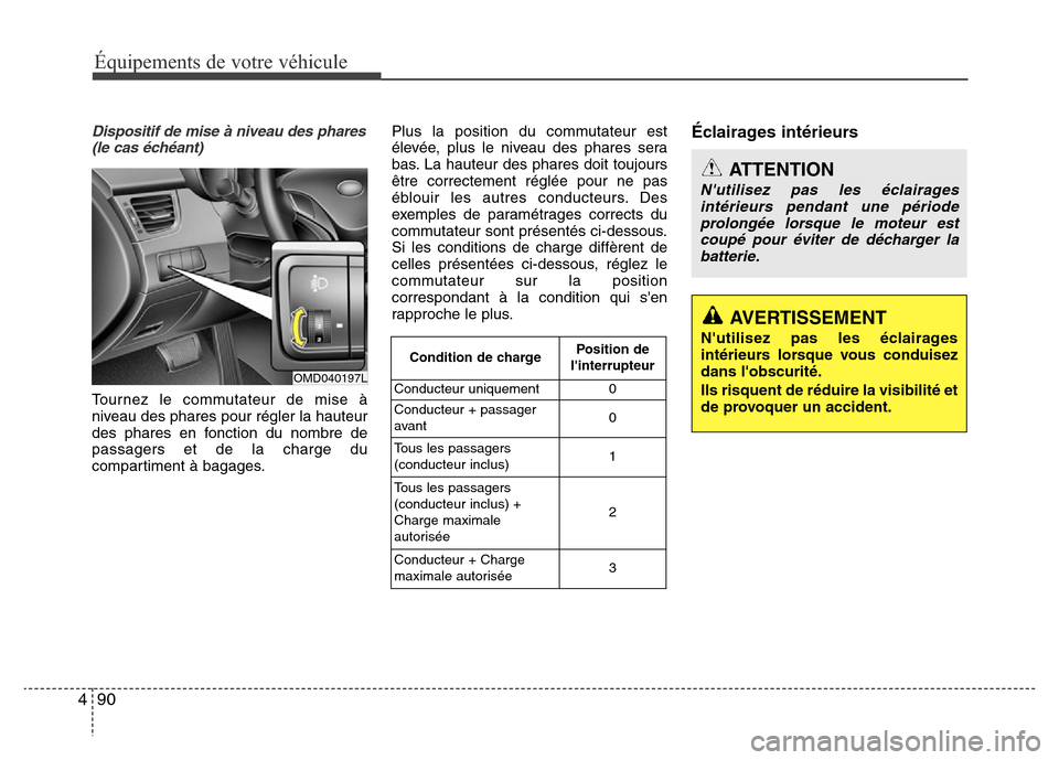 Hyundai Elantra 2015 Manuel du propriétaire (in French) Équipements de votre véhicule
90 4
Dispositif de mise à niveau des phares
(le cas échéant)
Tournez le commutateur de mise à
niveau des phares pour régler la hauteur
des phares en fonction du no Hyundai Elantra 2015 Manuel du propriétaire (in French) Équipements de votre véhicule
90 4
Dispositif de mise à niveau des phares
(le cas échéant)
Tournez le commutateur de mise à
niveau des phares pour régler la hauteur
des phares en fonction du no