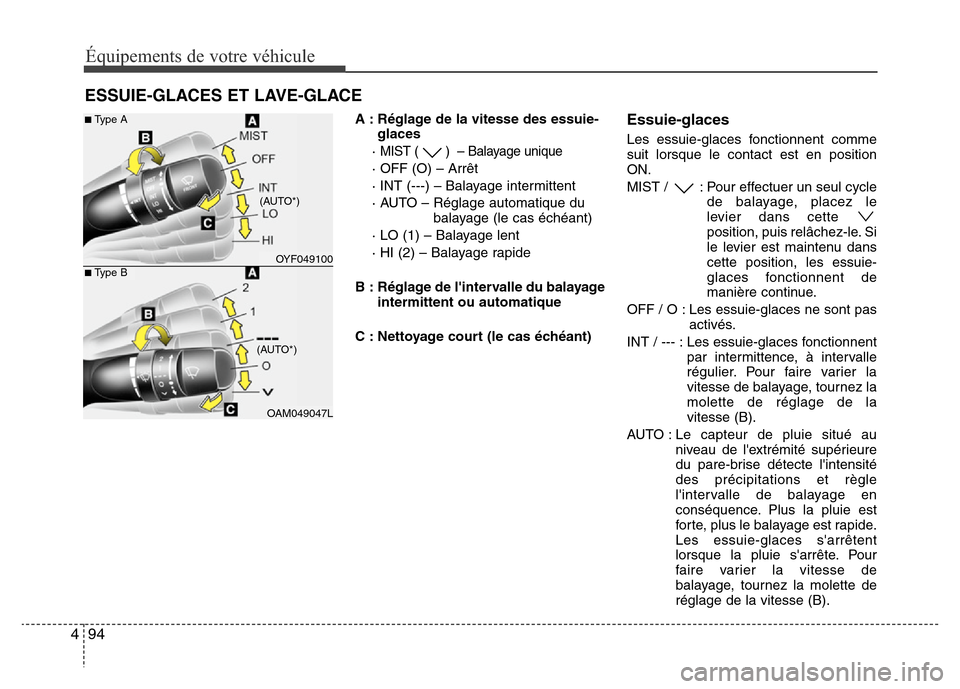 Hyundai Elantra 2015 Manuel du propriétaire (in French) Équipements de votre véhicule
94 4
A : Réglage de la vitesse des essuie-
glaces
·
MIST ( ) – Balayage unique
· OFF (O) – Arrêt
· INT (---) – Balayage intermittent
· AUTO – Réglage a Hyundai Elantra 2015 Manuel du propriétaire (in French) Équipements de votre véhicule
94 4
A : Réglage de la vitesse des essuie-
glaces
·
MIST ( ) – Balayage unique
· OFF (O) – Arrêt
· INT (---) – Balayage intermittent
· AUTO – Réglage a