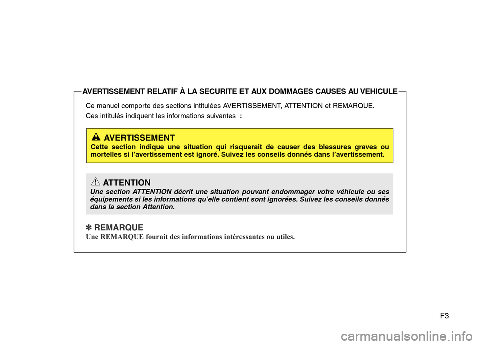 Hyundai Elantra 2015 Manuel du propriétaire (in French) F3
Ce manuel comporte des sections intitulées AVERTISSEMENT, ATTENTION et REMARQUE.
Ces intitulés indiquent les informations suivantes :
✽ REMARQUE
Une REMARQUE fournit des informations intéressa Hyundai Elantra 2015 Manuel du propriétaire (in French) F3
Ce manuel comporte des sections intitulées AVERTISSEMENT, ATTENTION et REMARQUE.
Ces intitulés indiquent les informations suivantes :
✽ REMARQUE
Une REMARQUE fournit des informations intéressa