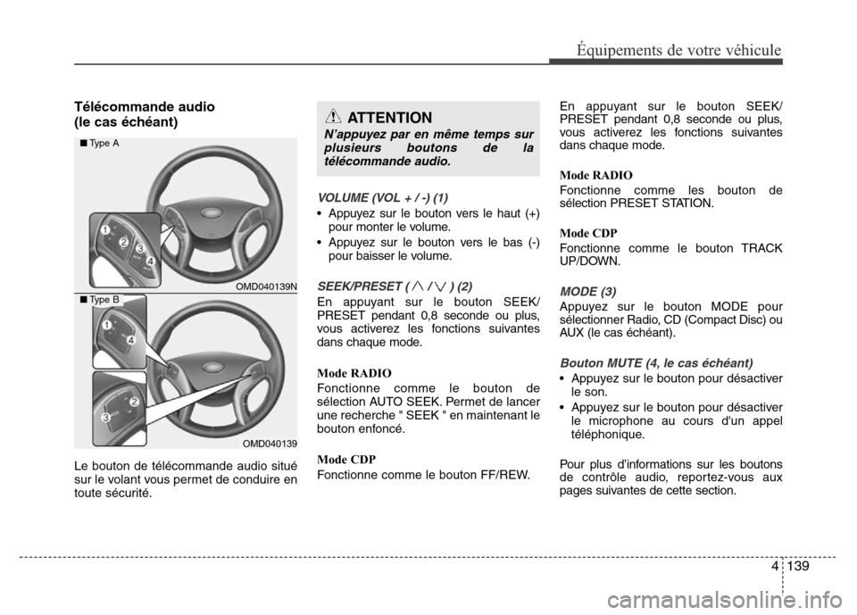 Hyundai Elantra 2015 Manuel du propriétaire (in French) 4139
Équipements de votre véhicule
Télécommande audio
(le cas échéant)
Le bouton de télécommande audio situé
sur le volant vous permet de conduire en
toute sécurité.
VOLUME (VOL + / -) (1) Hyundai Elantra 2015 Manuel du propriétaire (in French) 4139
Équipements de votre véhicule
Télécommande audio
(le cas échéant)
Le bouton de télécommande audio situé
sur le volant vous permet de conduire en
toute sécurité.
VOLUME (VOL + / -) (1)