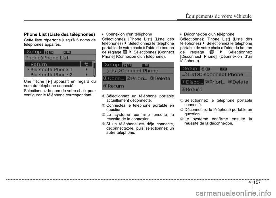 Hyundai Elantra 2015  Manuel du propriétaire (in French) 4157
Équipements de votre véhicule
Phone List (Liste des téléphones)
Cette liste répertorie jusquà 5 noms de
téléphones appairés.
Une flèche [ ] apparaît en regard du
nom du téléphone co