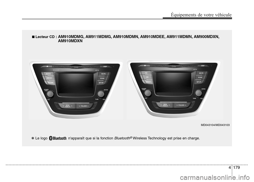 Hyundai Elantra 2015 Manuel du propriétaire (in French) 4179
Équipements de votre véhicule
❋Le logo napparaît que si la fonction Bluetooth®Wireless Technology est prise en charge.
■ Lecteur CD: AM910MDMG, AM911MDMG, AM910MDMN, AM910MDEE, AM911MDM Hyundai Elantra 2015 Manuel du propriétaire (in French) 4179
Équipements de votre véhicule
❋Le logo napparaît que si la fonction Bluetooth®Wireless Technology est prise en charge.
■ Lecteur CD: AM910MDMG, AM911MDMG, AM910MDMN, AM910MDEE, AM911MDM