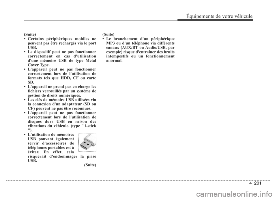 Hyundai Elantra 2015 Manuel du propriétaire (in French) 4201
Équipements de votre véhicule
(Suite)
• Certains périphériques mobiles ne
peuvent pas être rechargés via le port
USB.
• Le dispositif peut ne pas fonctionner
correctement en cas dutili Hyundai Elantra 2015 Manuel du propriétaire (in French) 4201
Équipements de votre véhicule
(Suite)
• Certains périphériques mobiles ne
peuvent pas être rechargés via le port
USB.
• Le dispositif peut ne pas fonctionner
correctement en cas dutili