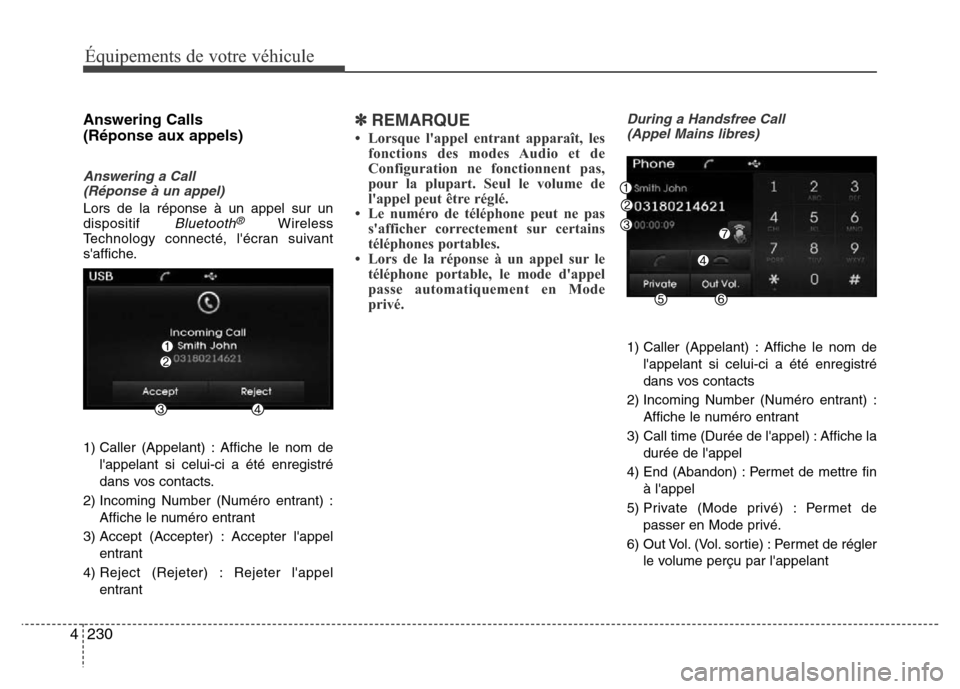 Hyundai Elantra 2015 Manuel du propriétaire (in French) 230 4
Équipements de votre véhicule
Answering Calls
(Réponse aux appels)
Answering a Call
(Réponse à un appel)
Lors de la réponse à un appel sur un
dispositif Bluetooth®Wireless
Technology c Hyundai Elantra 2015 Manuel du propriétaire (in French) 230 4
Équipements de votre véhicule
Answering Calls
(Réponse aux appels)
Answering a Call
(Réponse à un appel)
Lors de la réponse à un appel sur un
dispositif Bluetooth®Wireless
Technology c