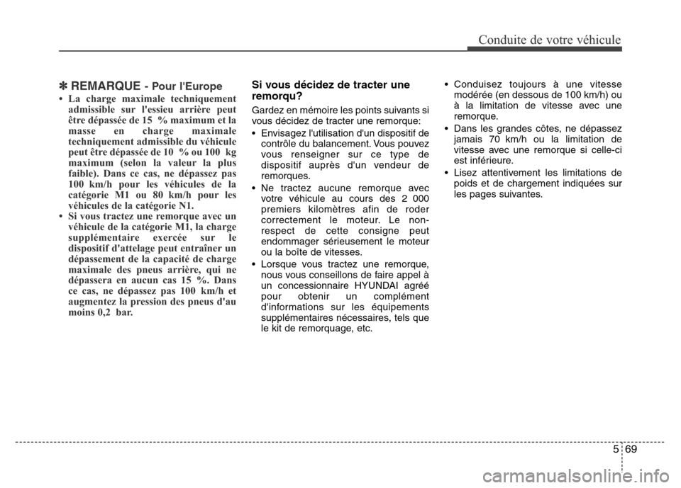 Hyundai Elantra 2015 Manuel du propriétaire (in French) 569
Conduite de votre véhicule
✽REMARQUE- Pour lEurope
• La charge maximale techniquement
admissible sur lessieu arrière peut
être dépassée de 15 % maximum et la
masse en charge maximale
te Hyundai Elantra 2015 Manuel du propriétaire (in French) 569
Conduite de votre véhicule
✽REMARQUE- Pour lEurope
• La charge maximale techniquement
admissible sur lessieu arrière peut
être dépassée de 15 % maximum et la
masse en charge maximale
te