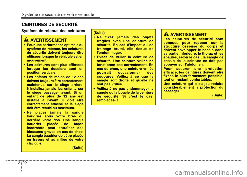 Hyundai Elantra 2015  Manuel du propriétaire (in French) Système de sécurité de votre véhicule 
22 3
Système de retenue des ceintures
CEINTURES DE SÉCURITÉ
AVERTISSEMENT
• Pour une performance optimale du
système de retenue, les ceintures
de sécu