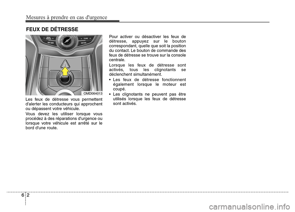 Hyundai Elantra 2015 Manuel du propriétaire (in French) Les feux de détresse vous permettent
dalerter les conducteurs qui approchent
ou dépassent votre véhicule.
Vous devez les utiliser lorsque vous
procédez à des réparations durgence ou
lorsque vo Hyundai Elantra 2015 Manuel du propriétaire (in French) Les feux de détresse vous permettent
dalerter les conducteurs qui approchent
ou dépassent votre véhicule.
Vous devez les utiliser lorsque vous
procédez à des réparations durgence ou
lorsque vo
