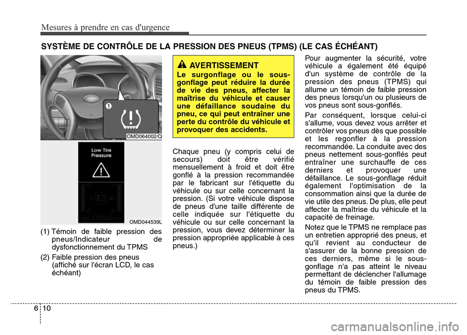 Hyundai Elantra 2015 Manuel du propriétaire (in French) (1) Témoin de faible pression des
pneus/Indicateur de
dysfonctionnement du TPMS
(2) Faible pression des pneus
(affiché sur lécran LCD, le cas
échéant)Chaque pneu (y compris celui de
secours) doi Hyundai Elantra 2015 Manuel du propriétaire (in French) (1) Témoin de faible pression des
pneus/Indicateur de
dysfonctionnement du TPMS
(2) Faible pression des pneus
(affiché sur lécran LCD, le cas
échéant)Chaque pneu (y compris celui de
secours) doi