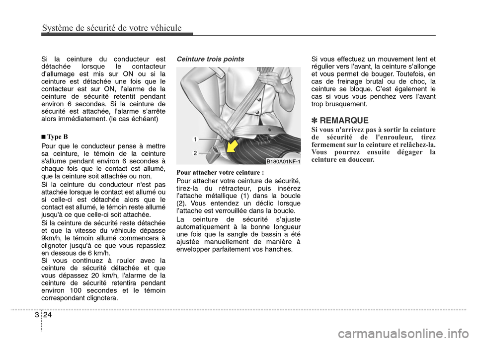 Hyundai Elantra 2015 Manuel du propriétaire (in French) Système de sécurité de votre véhicule
24 3
Si la ceinture du conducteur est
détachée lorsque le contacteur
d’allumage est mis sur ON ou si la
ceinture est détachée une fois que le
contacteu Hyundai Elantra 2015 Manuel du propriétaire (in French) Système de sécurité de votre véhicule
24 3
Si la ceinture du conducteur est
détachée lorsque le contacteur
d’allumage est mis sur ON ou si la
ceinture est détachée une fois que le
contacteu