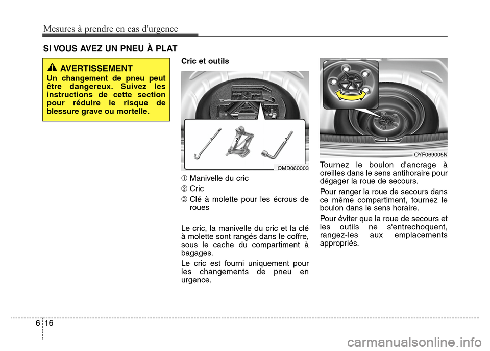 Hyundai Elantra 2015 Manuel du propriétaire (in French) Mesures à prendre en cas durgence
16 616 6Cric et outils
➀Manivelle du cric
➁Cric
➂Clé à molette pour les écrous de
roues
Le cric, la manivelle du cric et la clé
à molette sont rangés da Hyundai Elantra 2015 Manuel du propriétaire (in French) Mesures à prendre en cas durgence
16 616 6Cric et outils
➀Manivelle du cric
➁Cric
➂Clé à molette pour les écrous de
roues
Le cric, la manivelle du cric et la clé
à molette sont rangés da
