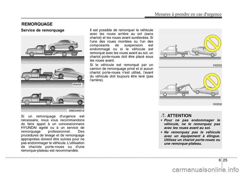 Hyundai Elantra 2015  Manuel du propriétaire (in French) 625
Mesures à prendre en cas durgence 
Service de remorquage
Si un remorquage durgence est
nécessaire, nous vous recommandons
de faire appel à un concessionnaire
HYUNDAI agréé ou à un service 