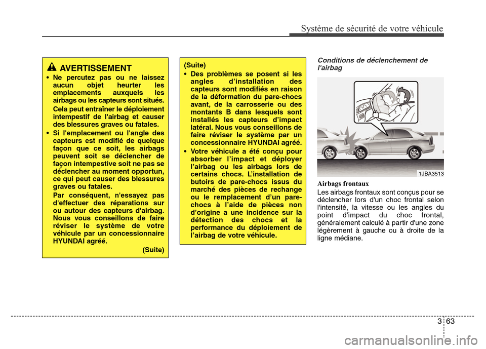 Hyundai Elantra 2015  Manuel du propriétaire (in French) 363
Système de sécurité de votre véhicule 
Conditions de déclenchement de
lairbag
Airbags frontaux
Les airbags frontaux sont conçus pour se
déclencher lors dun choc frontal selon
lintensité