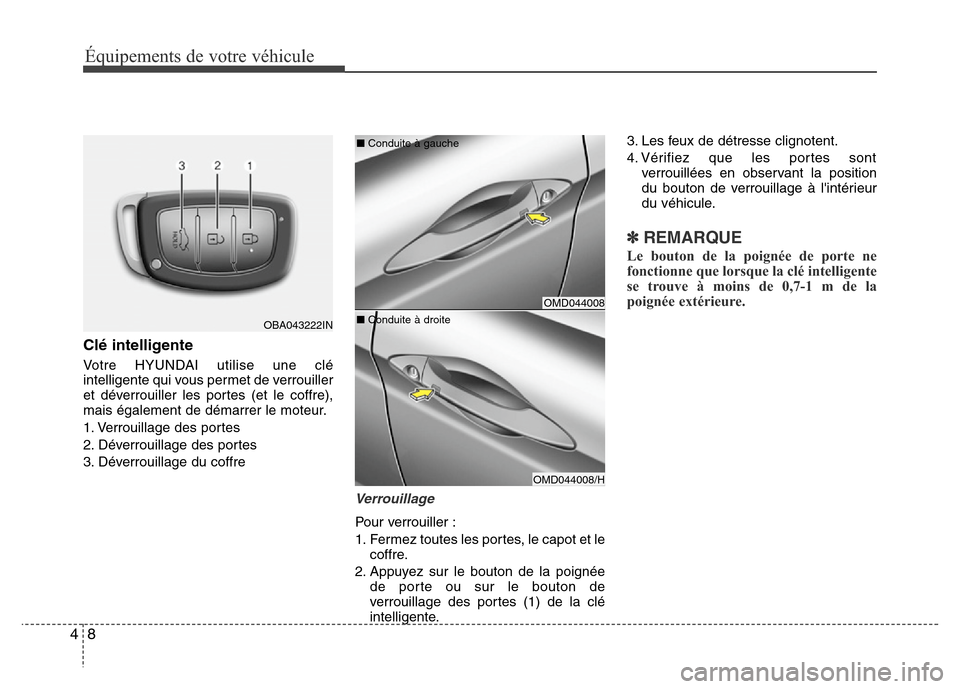 Hyundai Elantra 2015 Manuel du propriétaire (in French) Clé intelligente
Votre HYUNDAI utilise une clé
intelligente qui vous permet de verrouiller
et déverrouiller les portes (et le coffre),
mais également de démarrer le moteur.
1. Verrouillage des po Hyundai Elantra 2015 Manuel du propriétaire (in French) Clé intelligente
Votre HYUNDAI utilise une clé
intelligente qui vous permet de verrouiller
et déverrouiller les portes (et le coffre),
mais également de démarrer le moteur.
1. Verrouillage des po