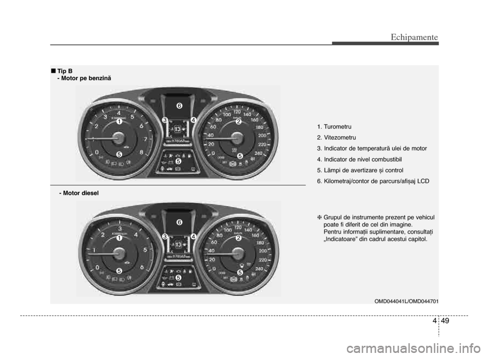 Hyundai Elantra 2015 Manualul de utilizare (in Romanian) 4 49
Echi\bamente
1\b Turometru
\f\b Vitezometru
3\b Indicator de temperatură ulei de motor
4\b Indicator de nivel combustibil
5\b Lămpi de avertizare și control
6\b Kilometraj/contor de parcurs/a Hyundai Elantra 2015 Manualul de utilizare (in Romanian) 4 49
Echi\bamente
1\b Turometru
\f\b Vitezometru
3\b Indicator de temperatură ulei de motor
4\b Indicator de nivel combustibil
5\b Lămpi de avertizare și control
6\b Kilometraj/contor de parcurs/a