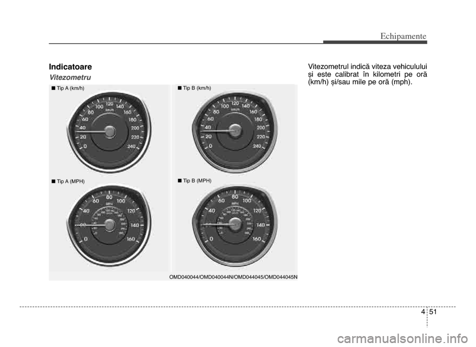 Hyundai Elantra 2015 Manualul de utilizare (in Romanian) 4 51
Echi\bamente
Indicatoare
VitezometruVitezometrul indică viteza vehiculului
și este calibrat în kilometri pe oră
(km/h) și/sau mile pe oră (mph)\b
OMD040044/OMD040044N/OMD04404\35/OMD0 Hyundai Elantra 2015 Manualul de utilizare (in Romanian) 4 51
Echi\bamente
Indicatoare
VitezometruVitezometrul indică viteza vehiculului
și este calibrat în kilometri pe oră
(km/h) și/sau mile pe oră (mph)\b
OMD040044/OMD040044N/OMD04404\35/OMD0