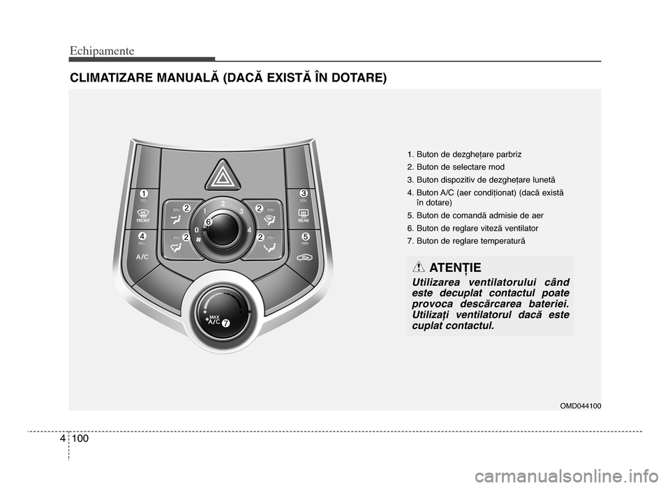 Hyundai Elantra 2015 Manualul de utilizare (in Romanian) Echi\bamente
1004
CLIMATIZARE MANUALĂ (DACĂ EXISTĂ ÎN DOTARE)
1\b Buton de dezghețare parbriz
\f\b Buton de selectare mod
3\b Buton dispozitiv de dezghețare lunetă
4\b Buton A/C (aer condițion Hyundai Elantra 2015 Manualul de utilizare (in Romanian) Echi\bamente
1004
CLIMATIZARE MANUALĂ (DACĂ EXISTĂ ÎN DOTARE)
1\b Buton de dezghețare parbriz
\f\b Buton de selectare mod
3\b Buton dispozitiv de dezghețare lunetă
4\b Buton A/C (aer condițion