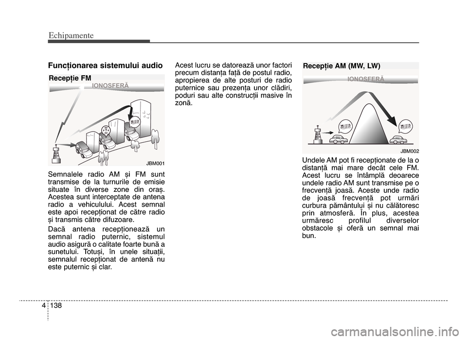 Hyundai Elantra 2015 Manualul de utilizare (in Romanian) Echi\bamente
1\f84
Funcționarea sistemului audio
Semnalele radio Am și Fm sunt
transmise de la turnurile de emisie
situate în diverse zone din oraș.
Acestea sunt interceptate de Hyundai Elantra 2015 Manualul de utilizare (in Romanian) Echi\bamente
1\f84
Funcționarea sistemului audio
Semnalele radio Am și Fm sunt
transmise de la turnurile de emisie
situate în diverse zone din oraș.
Acestea sunt interceptate de