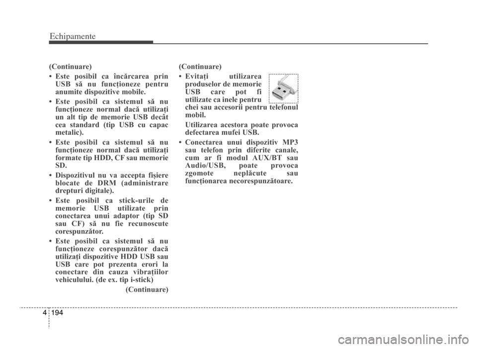 Hyundai Elantra 2015 Manualul de utilizare (in Romanian) Echi\bamente
1944
(Continuare)
• Este posibil ca încărcarea prinUSB să nu funcționeze pentru
anumite dispozitive mobile.
• Este posibil ca sistemul să nu funcționeze normal da Hyundai Elantra 2015 Manualul de utilizare (in Romanian) Echi\bamente
1944
(Continuare)
• Este posibil ca încărcarea prinUSB să nu funcționeze pentru
anumite dispozitive mobile.
• Este posibil ca sistemul să nu funcționeze normal da